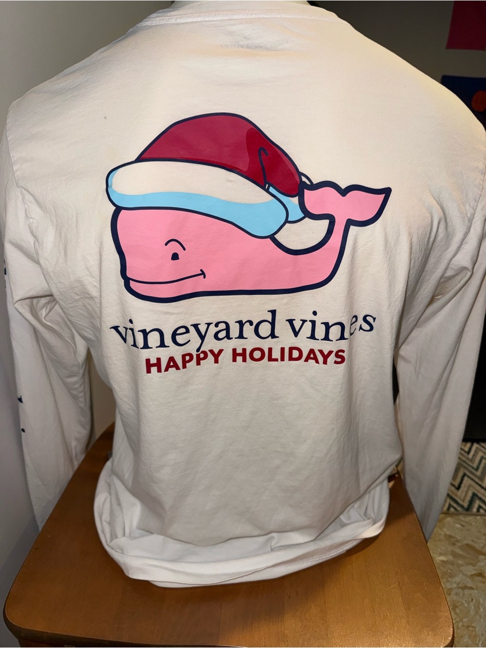 Vineyard Vines Happy Holidays Pink Whale Long-Sleeve White Logo TShirt Medium